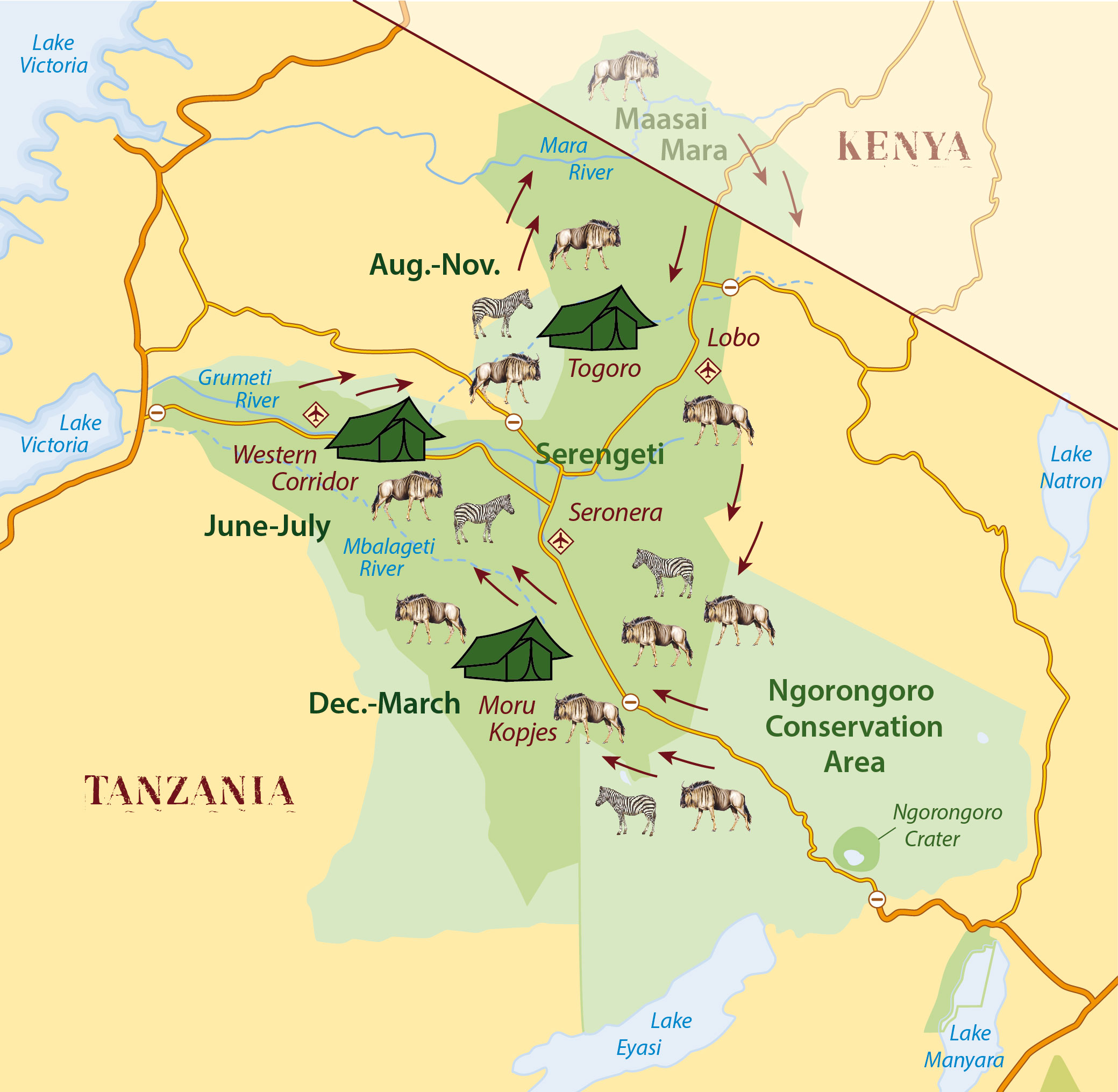 Serengeti National Park Map Showing The Migration Pattern For Zebras